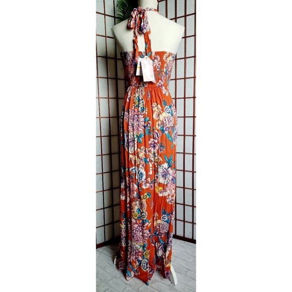 Band of Gypsies Ruffle V-Neck Faux Wrap Maxi Dress - Burnt Orange/Blue-Multi - Picture 3 of 16
